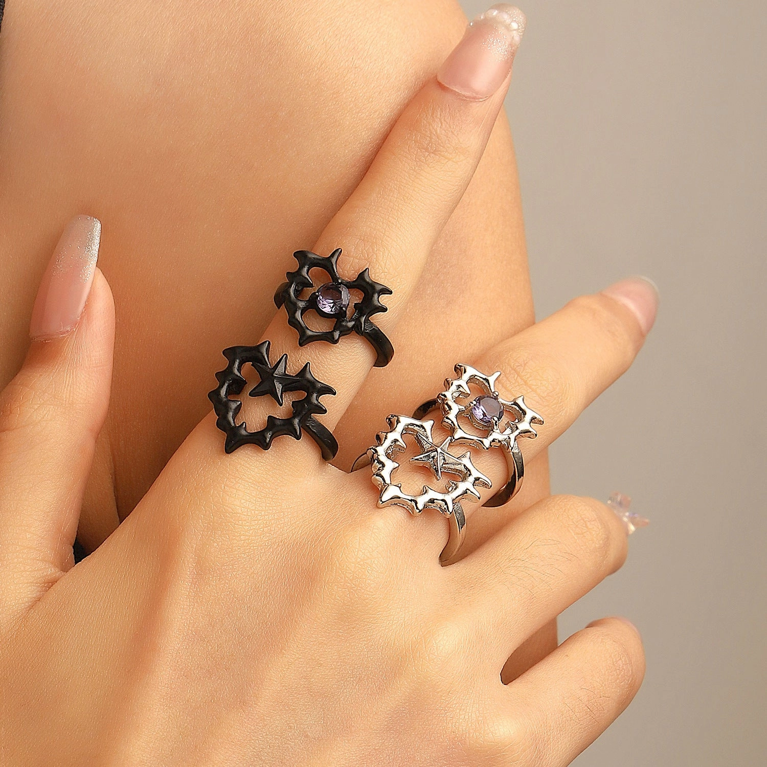 Wholesale Thorn Love Pentagram Zircon Open Finger Alloy Ring