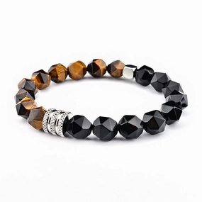 Wholesale Tiger Eye Agate 10mm Faceted Stone Stainless Steel Men's Bracelet