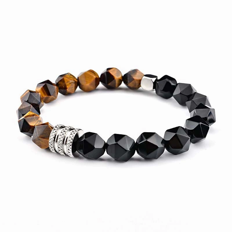 Wholesale Tiger Eye Agate 10mm Faceted Stone Stainless Steel Men's Bracelet
