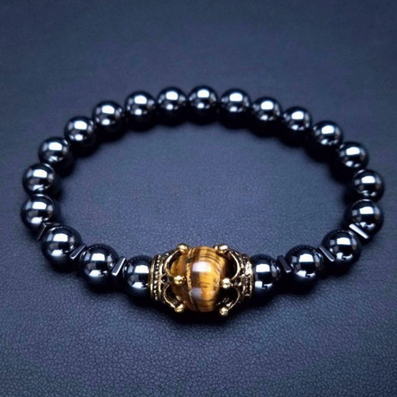 Wholesale Tiger Eye Frosted Crown Beaded Elastic Men's Bracelet