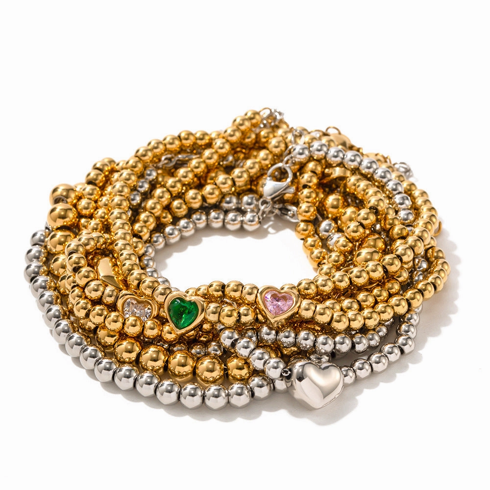 Wholesale Titanium Steel 16k Gold Bead Green Heart Zircon Bracelet