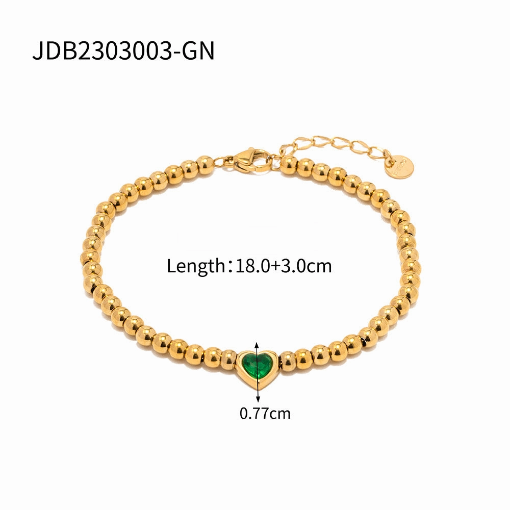 Wholesale Titanium Steel 16k Gold Bead Green Heart Zircon Bracelet