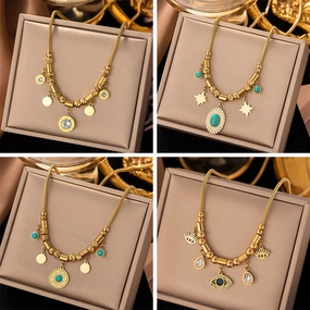 Wholesale Titanium Steel 18K Gilded Roman Pinestone Pendant Necklace