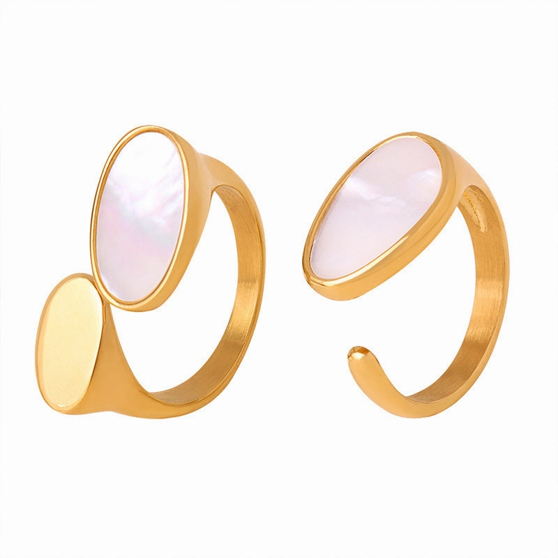 Wholesale Titanium Steel 18k Gold Inlaid White Seashell Oval Disc Open Ring