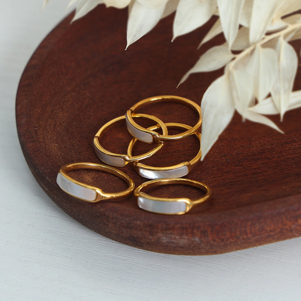 Wholesale Titanium Steel 18k Gold Inlaid White Seashell Ring