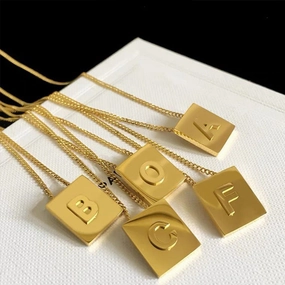 Wholesale Titanium Steel 26 English Letters Gold Square Letter Necklace