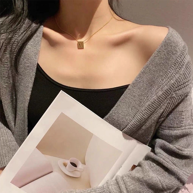 Wholesale Titanium Steel 26 English Letters Gold Square Letter Necklace