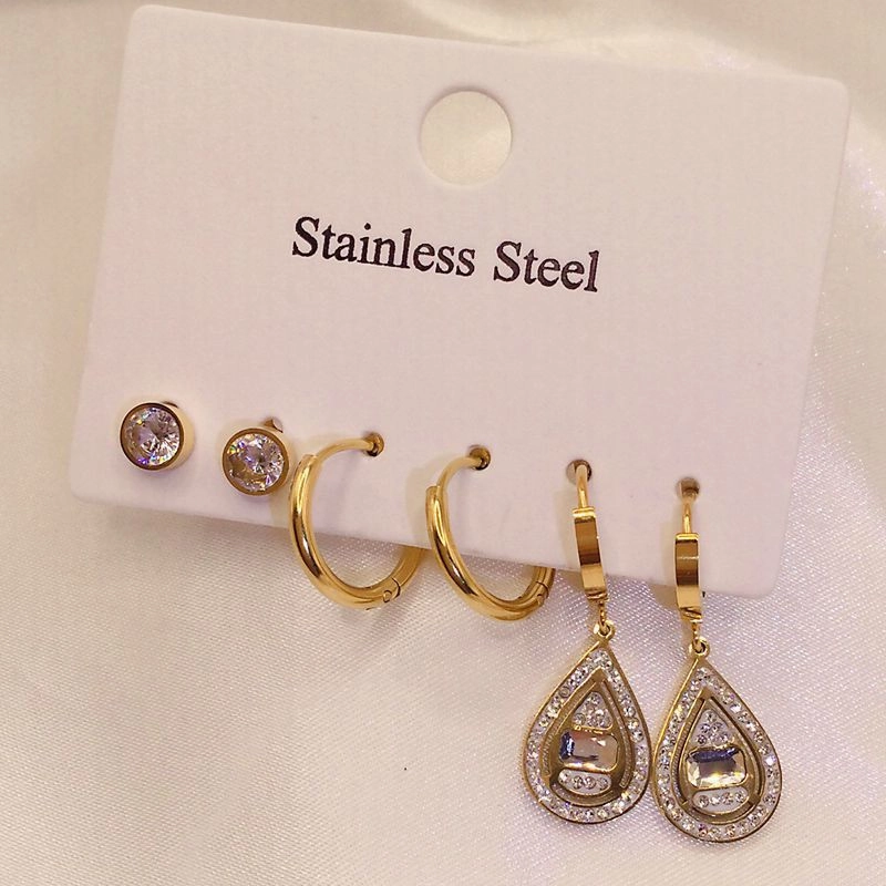 Wholesale Titanium Steel 6-piece Set with 3 Pairs of Water Drop Shaped Earrings Set