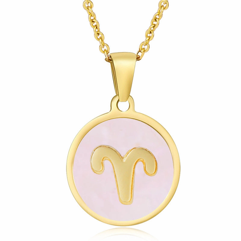 Wholesale Titanium Steel Circular Shell Twelve Constellation Necklaces