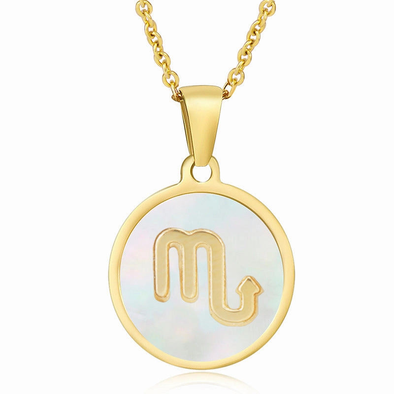 Wholesale Titanium Steel Circular Shell Twelve Constellation Necklaces