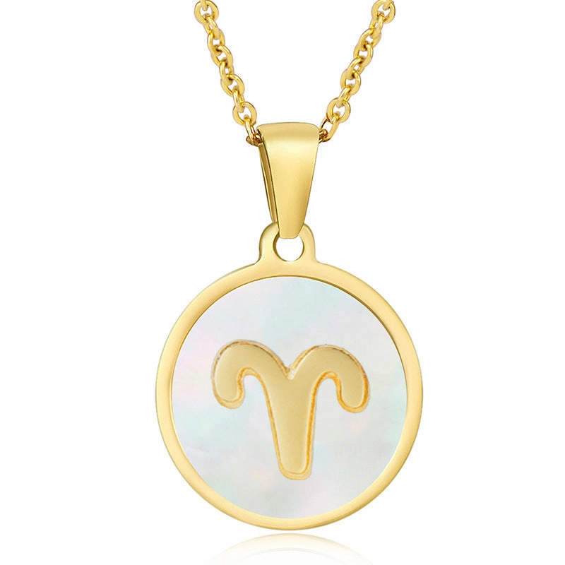 Wholesale Titanium Steel Circular Shell Twelve Constellation Necklaces