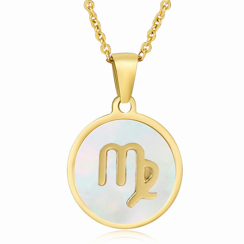 Wholesale Titanium Steel Circular Shell Twelve Constellation Necklaces