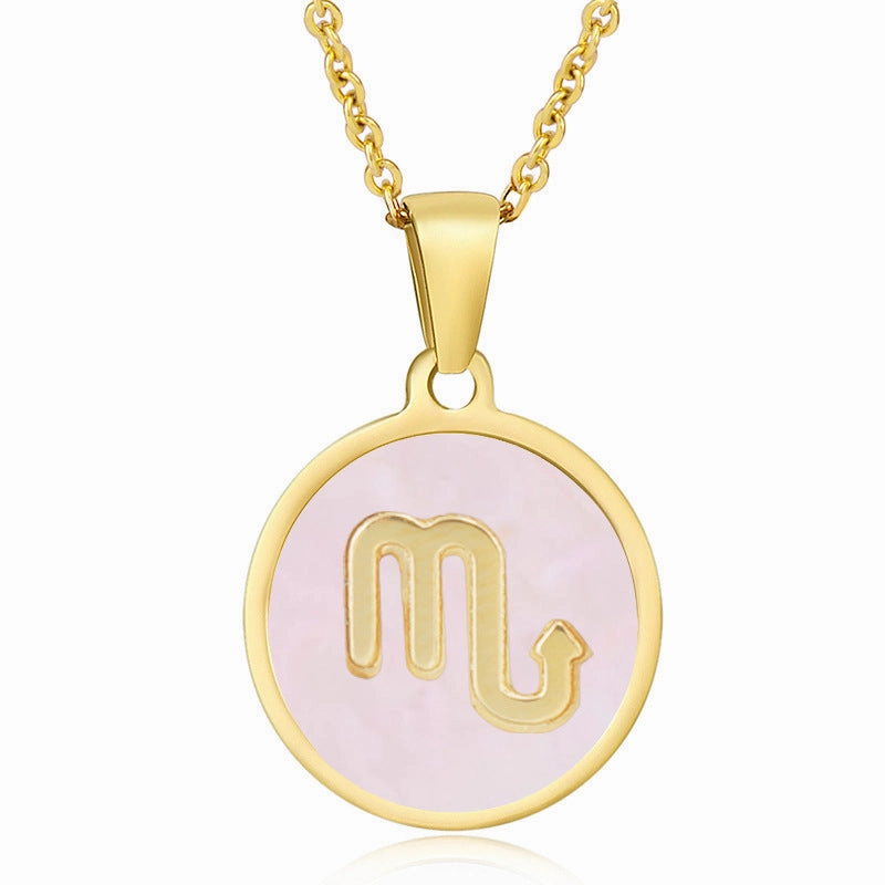 Wholesale Titanium Steel Circular Shell Twelve Constellation Necklaces