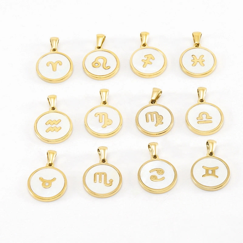 Wholesale Titanium Steel Circular Shell Twelve Constellation Necklaces