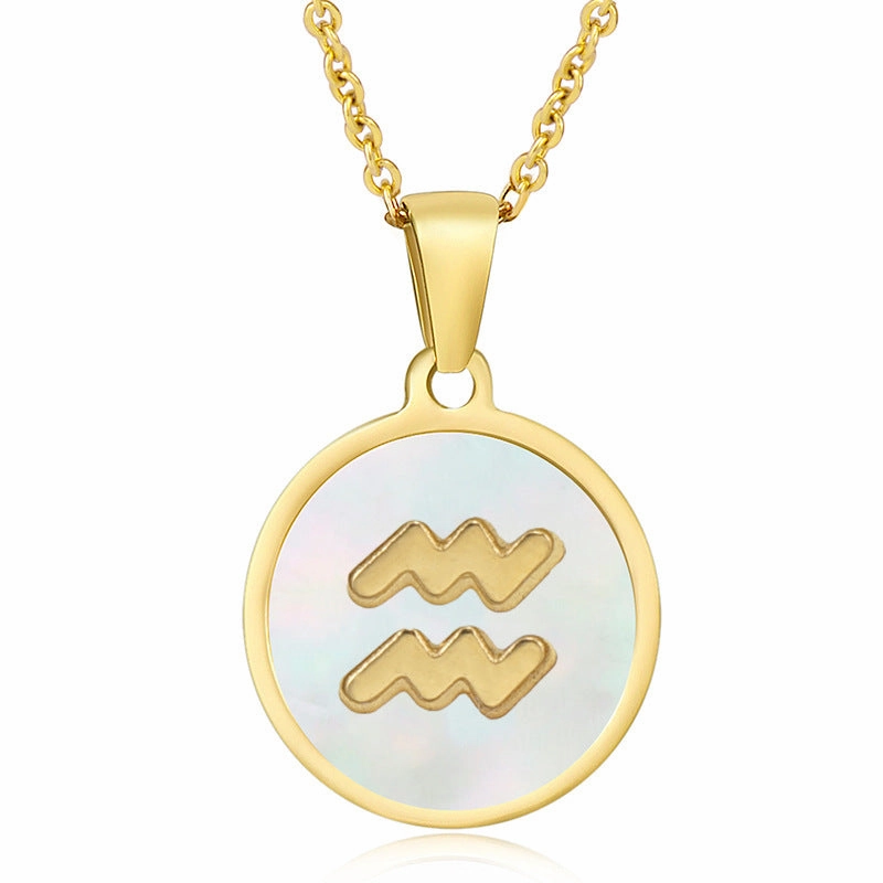 Wholesale Titanium Steel Circular Shell Twelve Constellation Necklaces