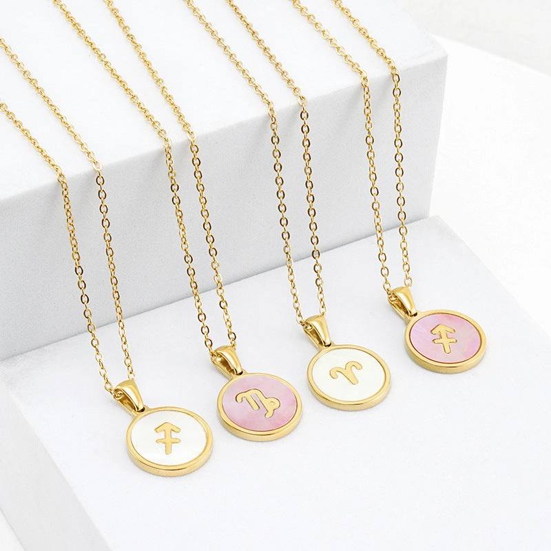 Wholesale Titanium Steel Circular Shell Twelve Constellation Necklaces