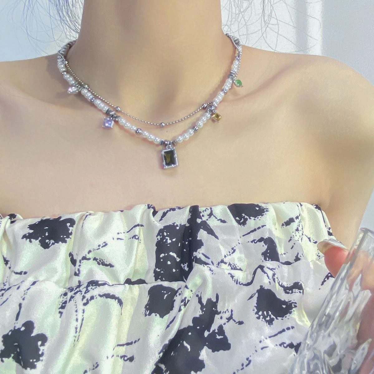 Wholesale Titanium Steel Color Vermiculite Double -layer Bead Stitching Necklace