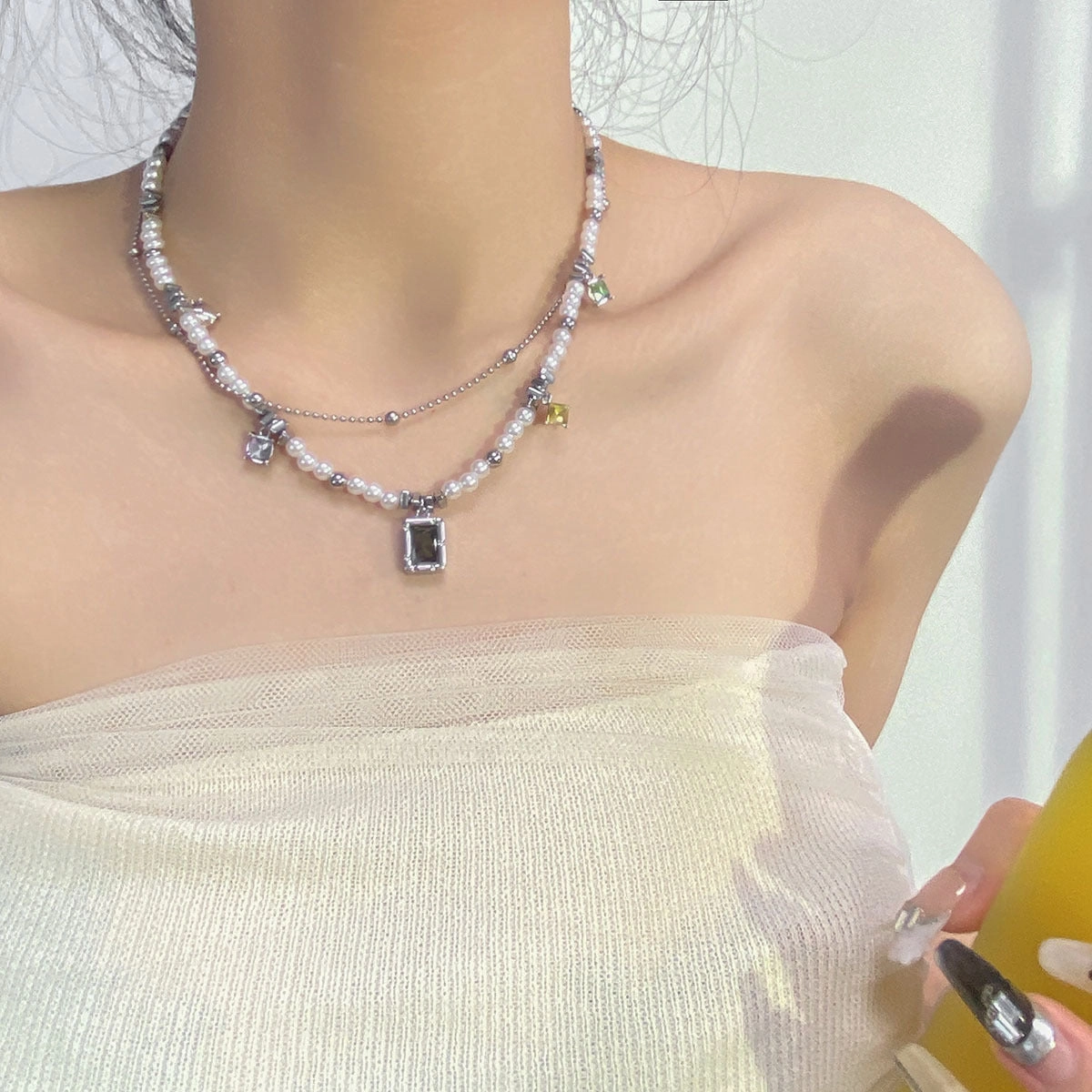 Wholesale Titanium Steel Color Vermiculite Double -layer Bead Stitching Necklace