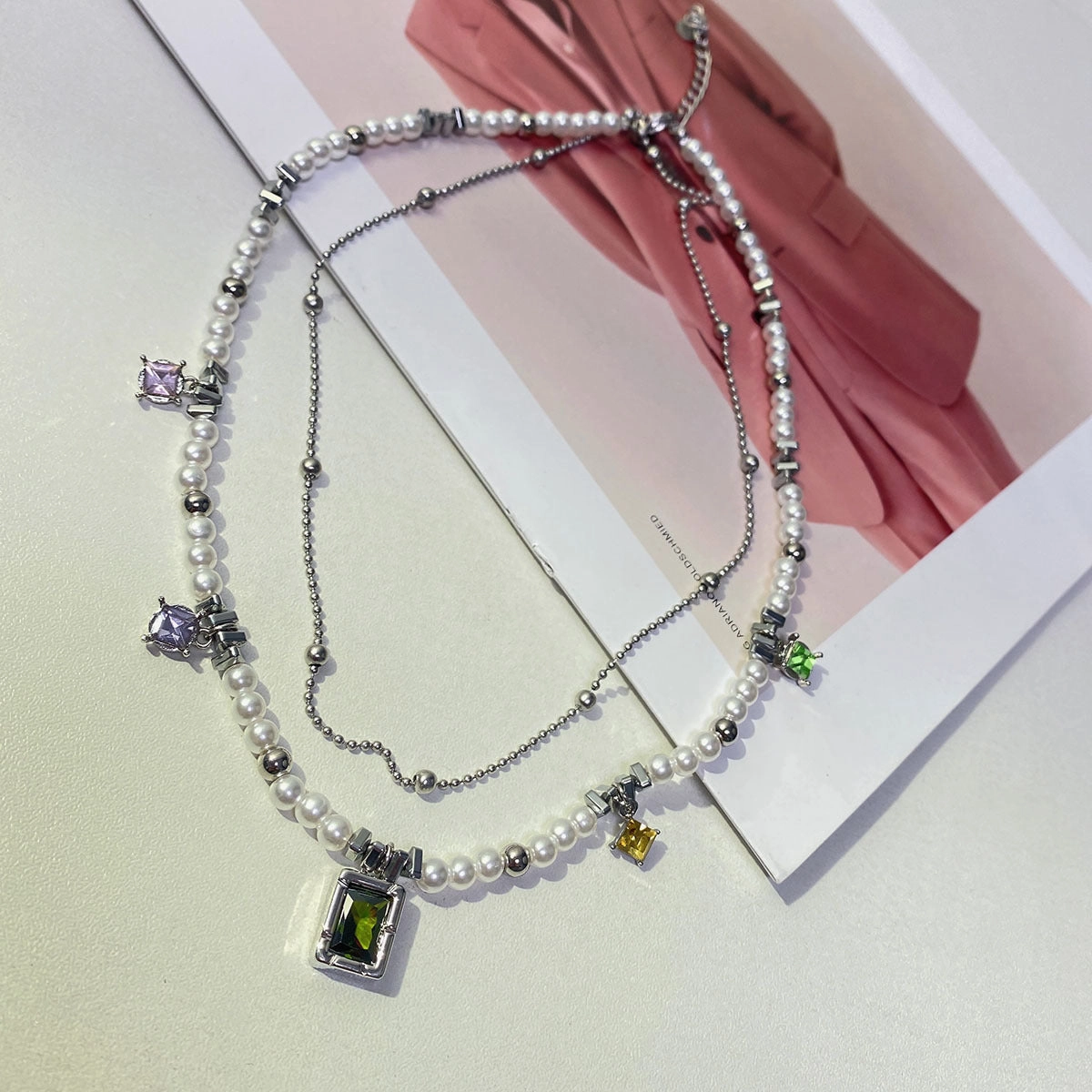Wholesale Titanium Steel Color Vermiculite Double -layer Bead Stitching Necklace