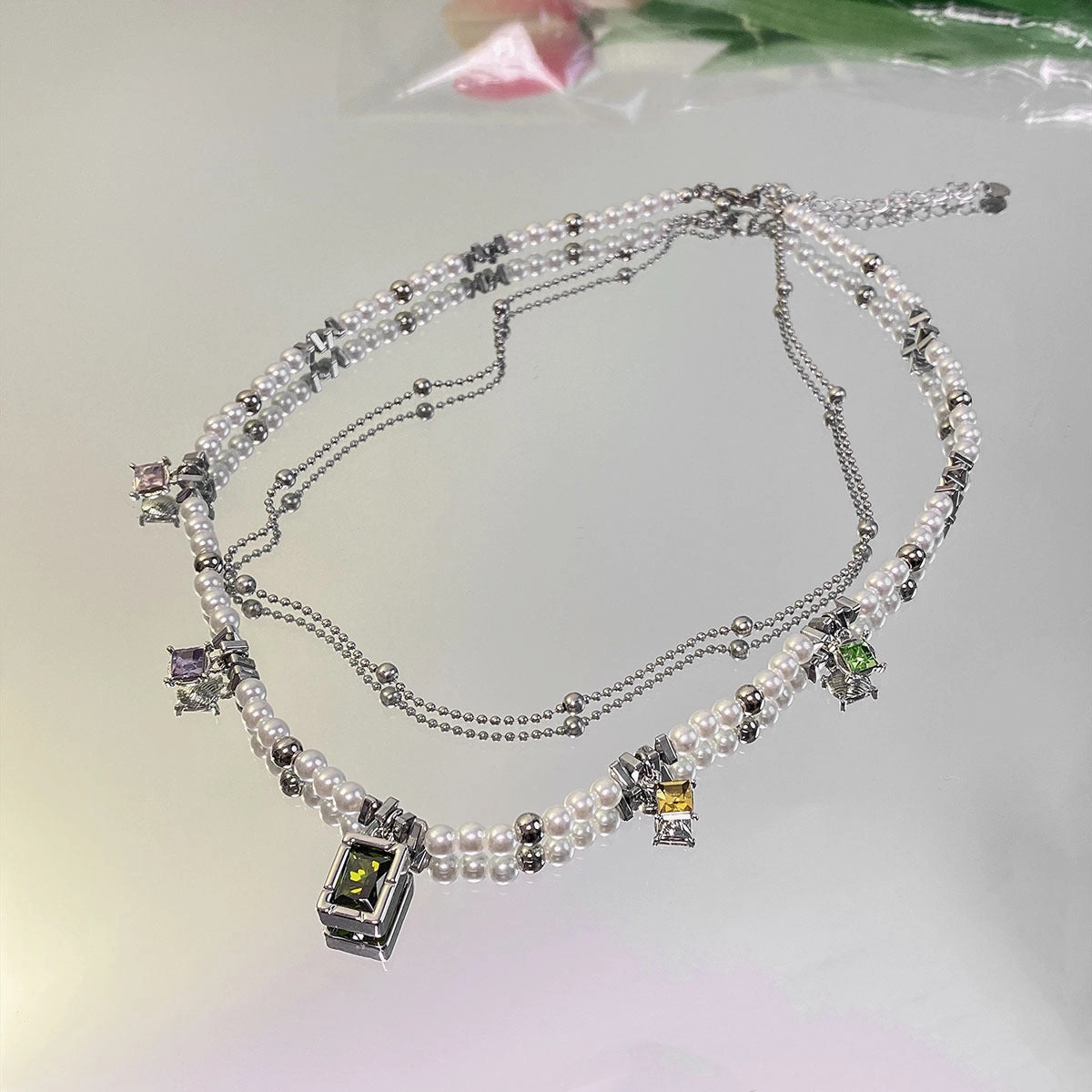 Wholesale Titanium Steel Color Vermiculite Double -layer Bead Stitching Necklace