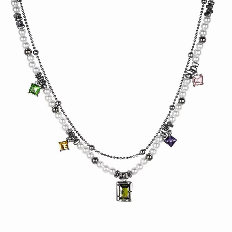Wholesale Titanium Steel Color Vermiculite Double -layer Bead Stitching Necklace