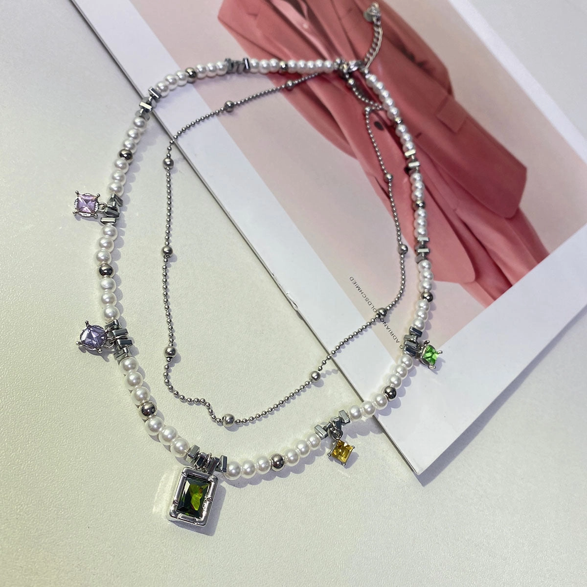 Wholesale Titanium Steel Color Vermiculite Double -layer Bead Stitching Necklace