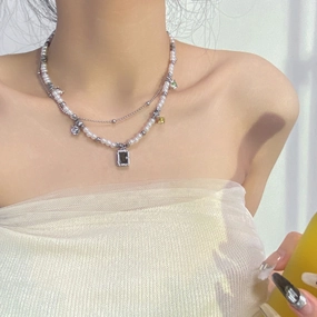 Wholesale Titanium Steel Color Vermiculite Double -layer Bead Stitching Necklace