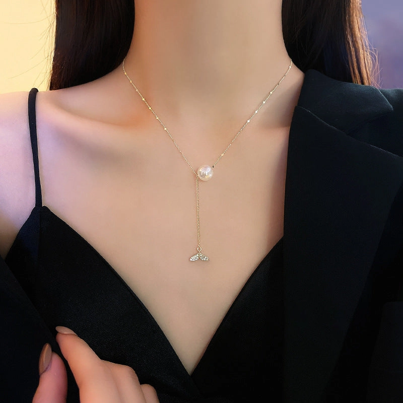 Wholesale Titanium Steel Colorful Pearl Tassel Fishtail Necklace