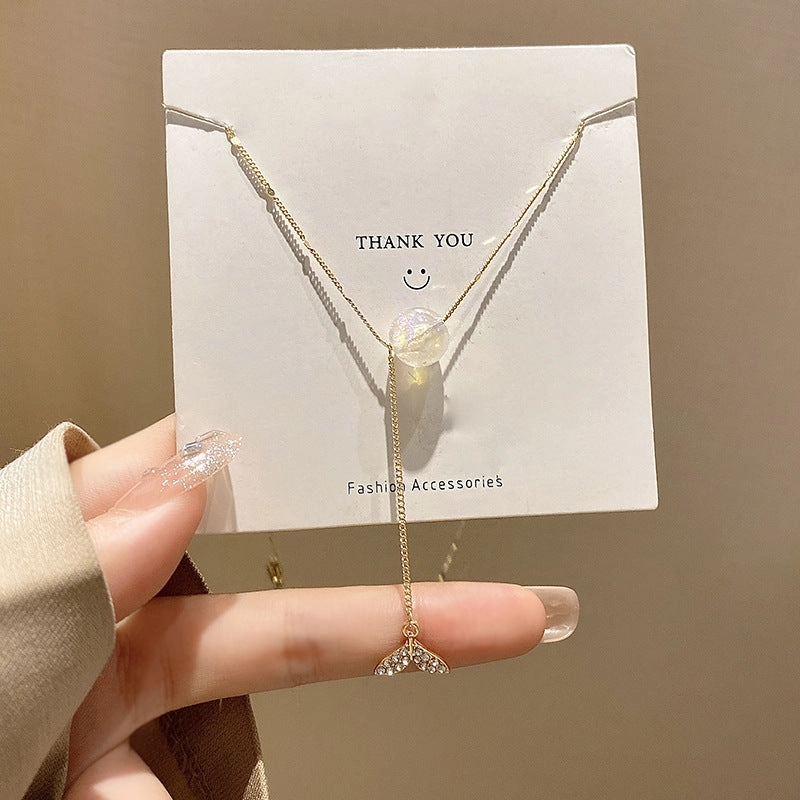 Wholesale Titanium Steel Colorful Pearl Tassel Fishtail Necklace