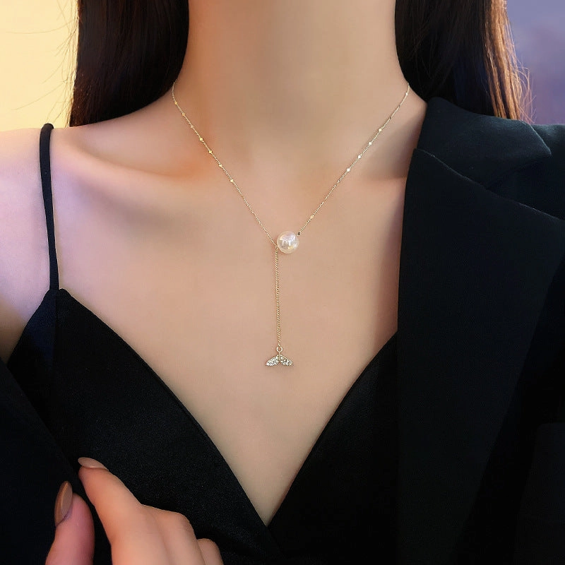 Wholesale Titanium Steel Colorful Pearl Tassel Fishtail Necklace