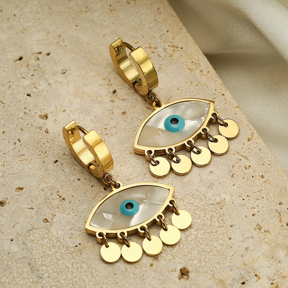 Wholesale Titanium Steel Devil Eye Geometric Pendant Tassel Earrings