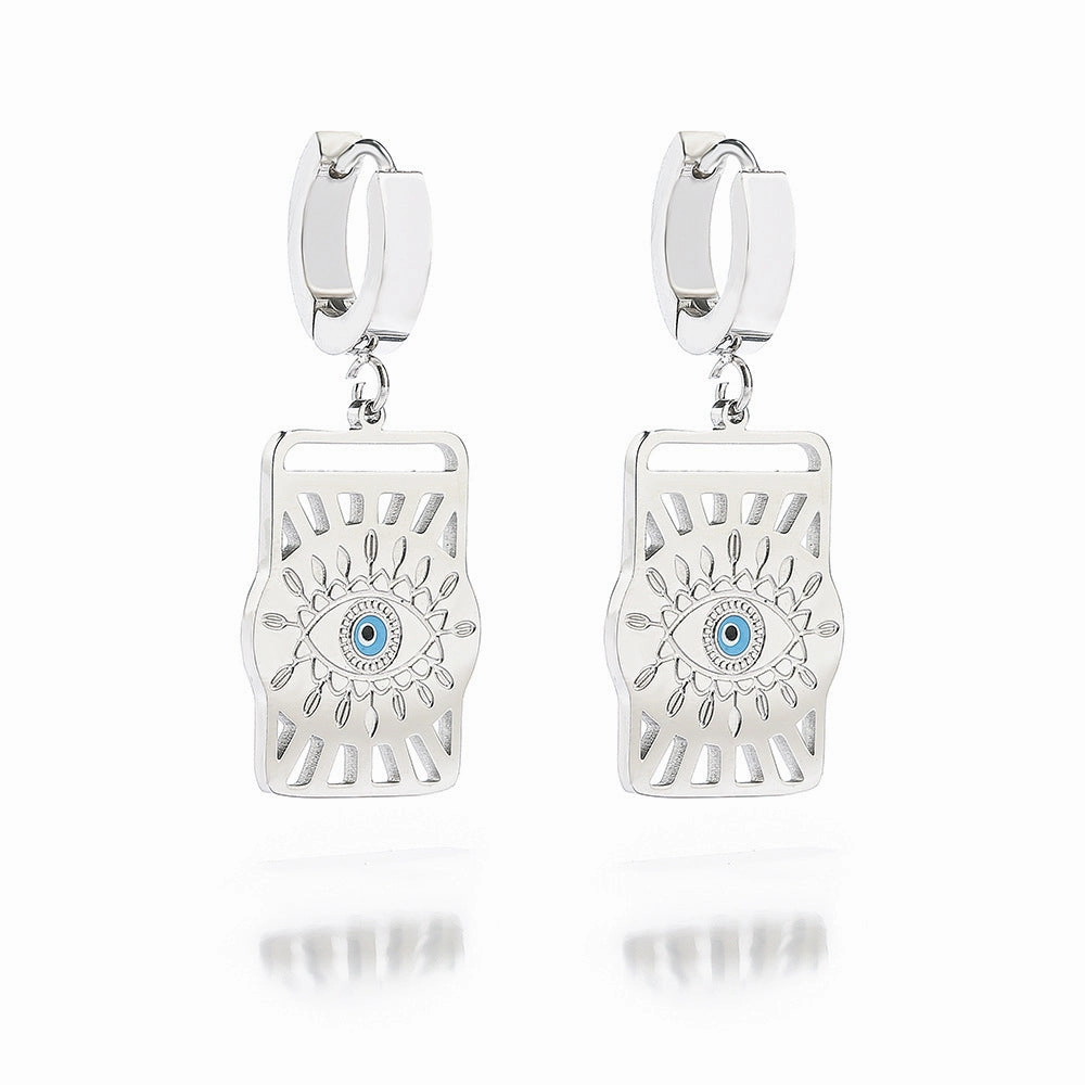 Wholesale Titanium Steel Devil Eye Hollow Square Pendant Earrings