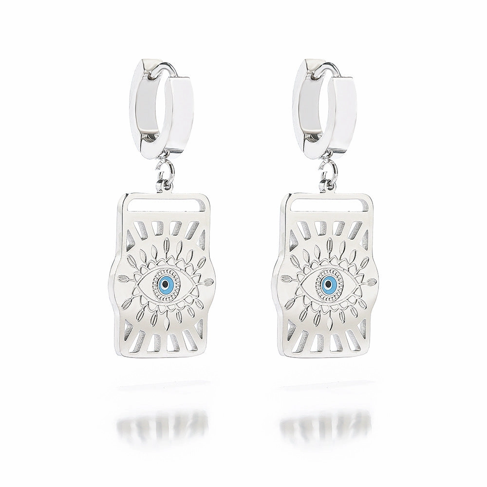 Wholesale Titanium Steel Devil Eye Hollow Square Pendant Earrings