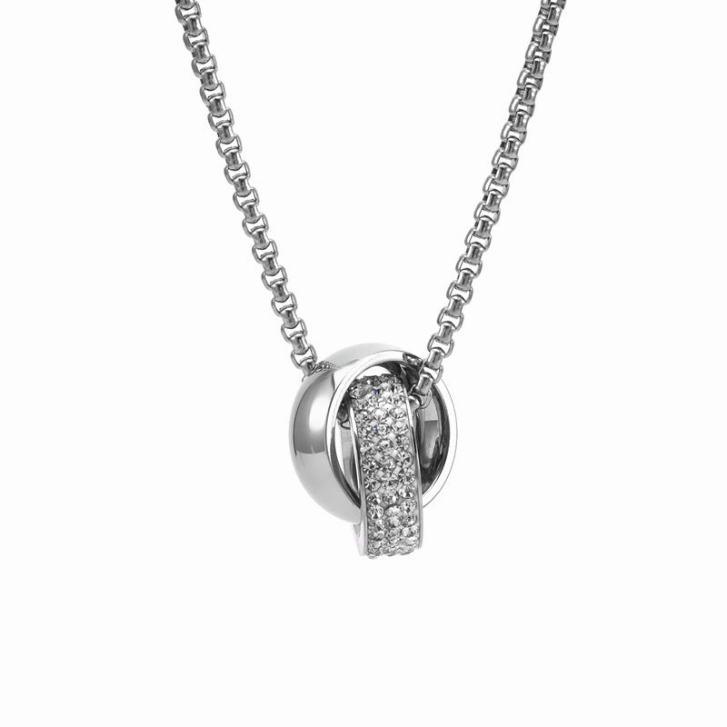 Wholesale Titanium Steel Double Circle Ring Crystal Pendant Long Sweater Necklaces