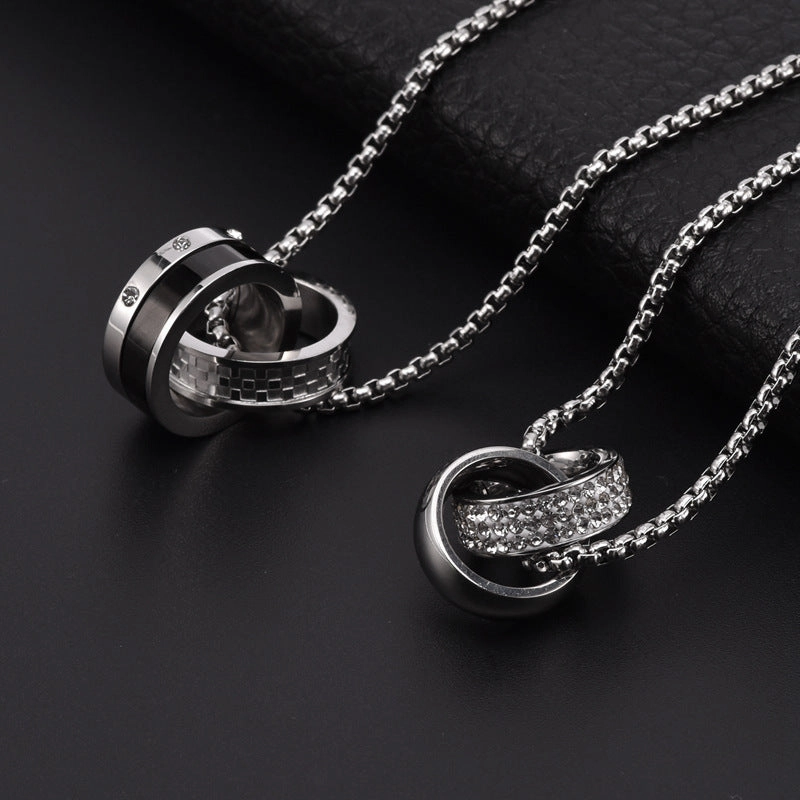 Wholesale Titanium Steel Double Circle Ring Crystal Pendant Long Sweater Necklaces