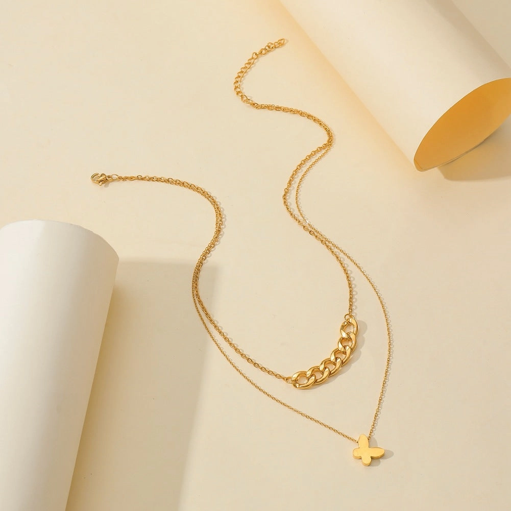 Wholesale Titanium Steel Double-layer Butterfly Necklace