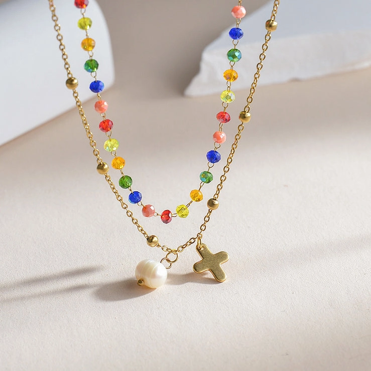 Wholesale Titanium Steel Double -layer Color Crystal String Beads Pearl Necklace