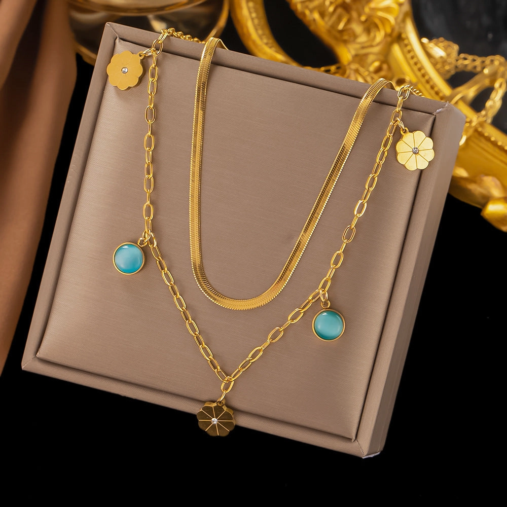 Wholesale Titanium Steel Double Layer Round Brand Blue Eye Pendant Necklace