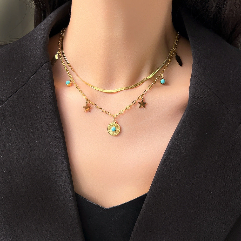 Wholesale Titanium Steel Double Layer Round Brand Blue Eye Pendant Necklace