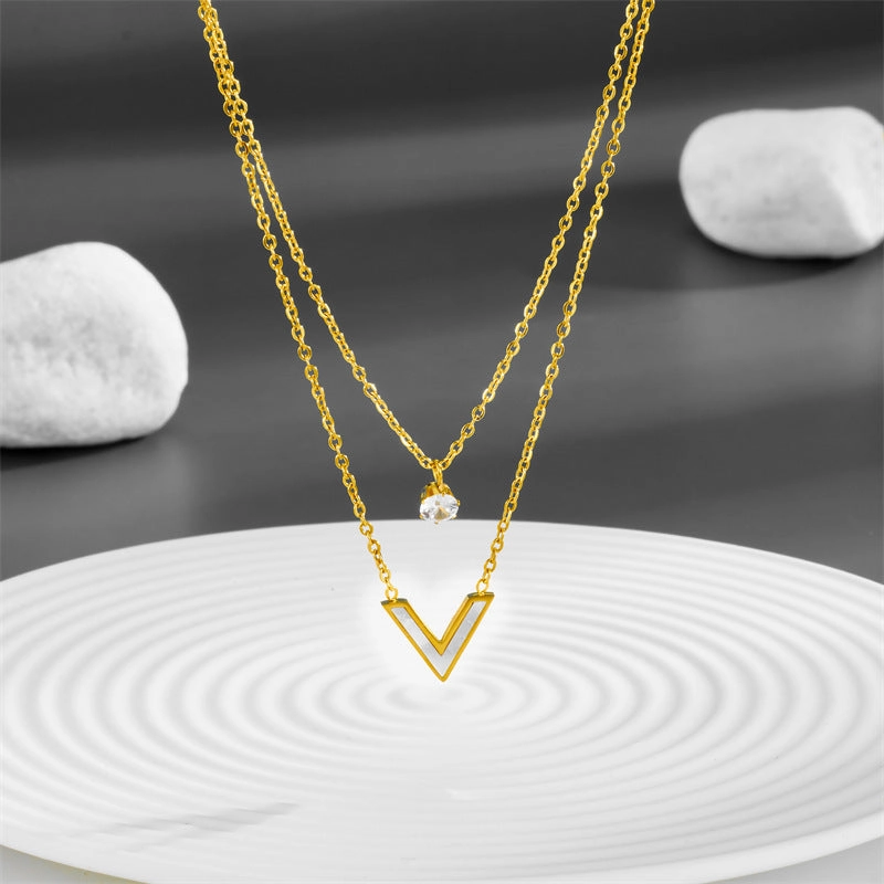 Wholesale Titanium Steel Double Layer Stacked V-shaped Diamond Necklace Clavicle Chain