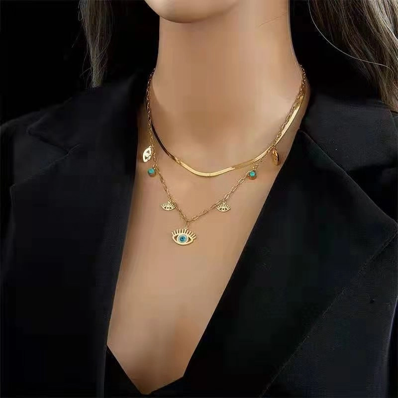 Wholesale Titanium Steel Double Layer Turquoise Pendant Necklace