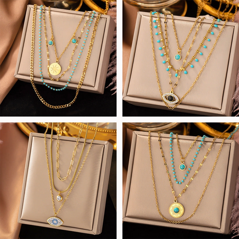 Wholesale Titanium Steel Double Layer Turquoise Pendant Necklace