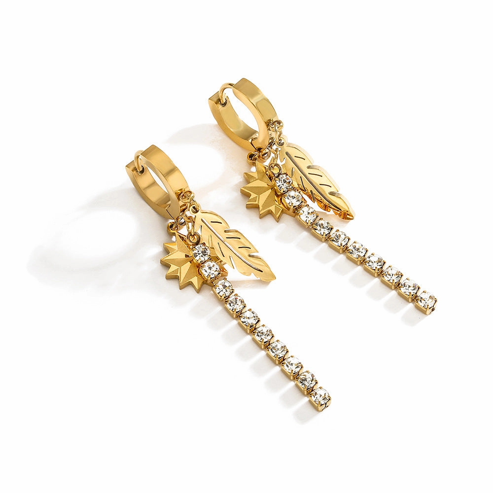 Wholesale Titanium Steel Feather Star Zircon Tassel Earrings
