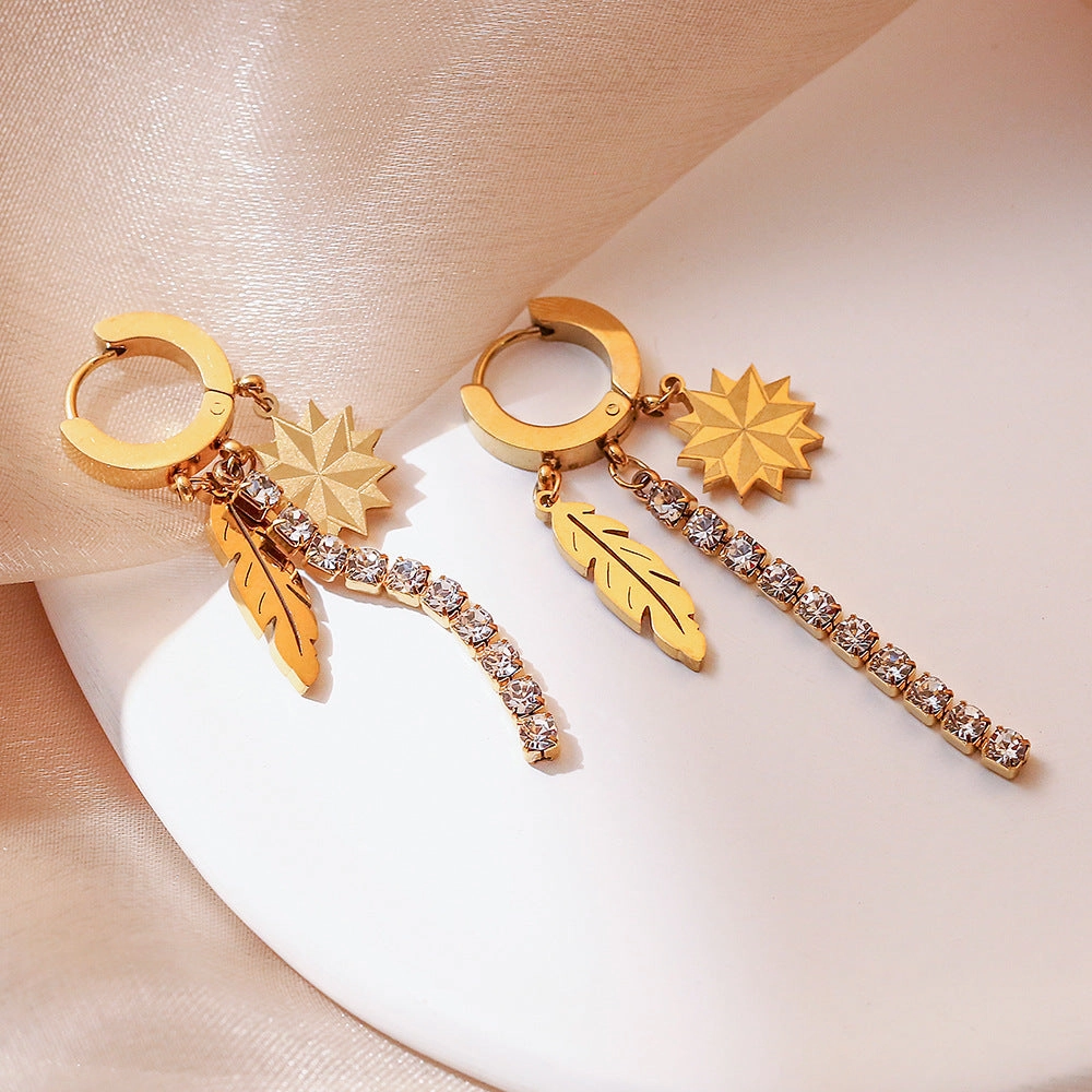 Wholesale Titanium Steel Feather Star Zircon Tassel Earrings