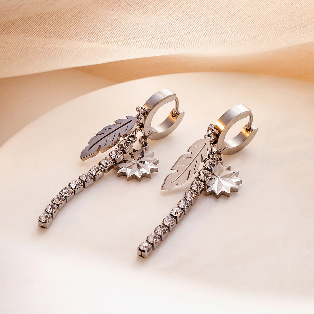 Wholesale Titanium Steel Feather Star Zircon Tassel Earrings
