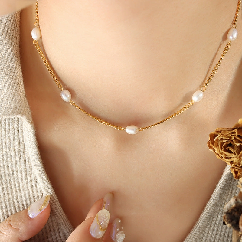 Wholesale Titanium Steel Freshwater Pearl Stitching Necklace