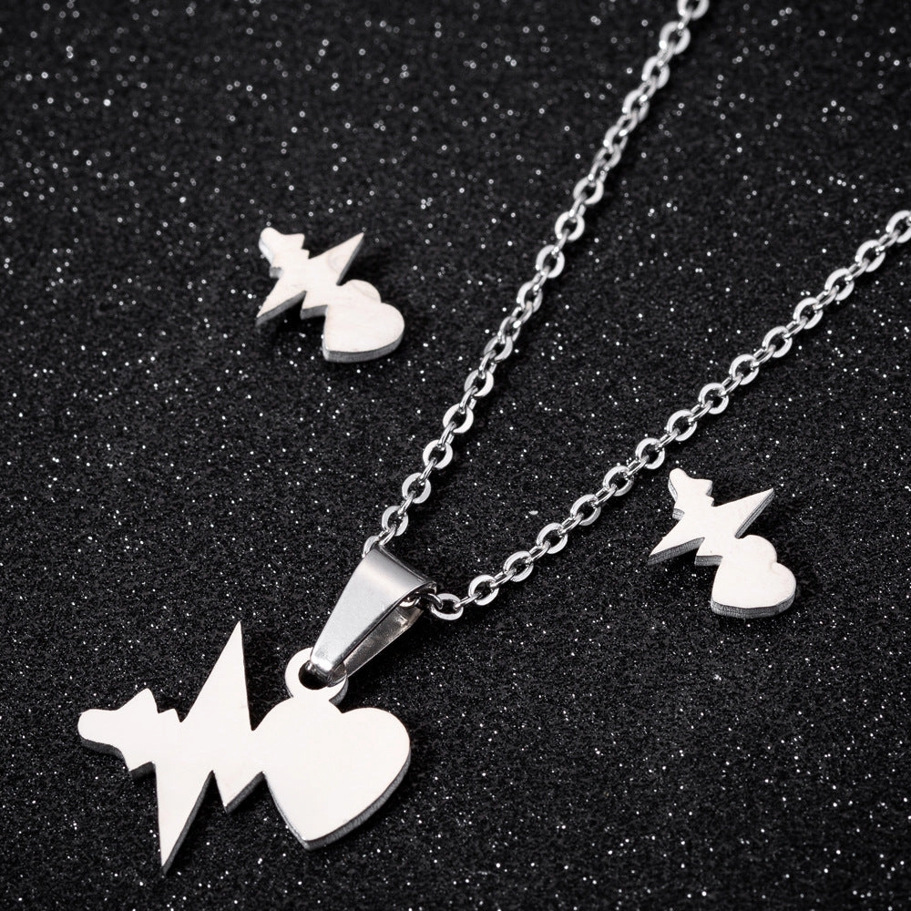 Wholesale Titanium Steel Geometric Love Earring Necklace Three-piece Set