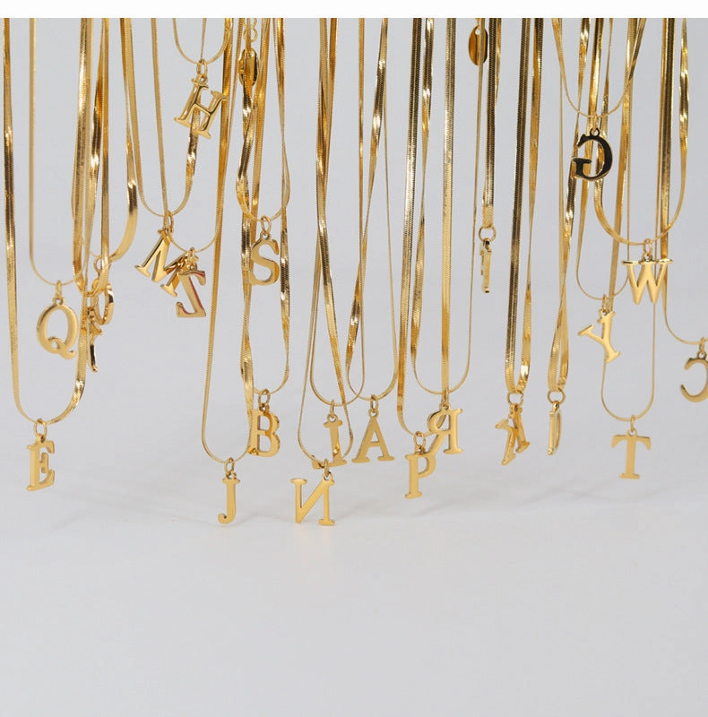 Wholesale Titanium Steel Gold Plated 26 English Letters Snake Bone Flat Necklace