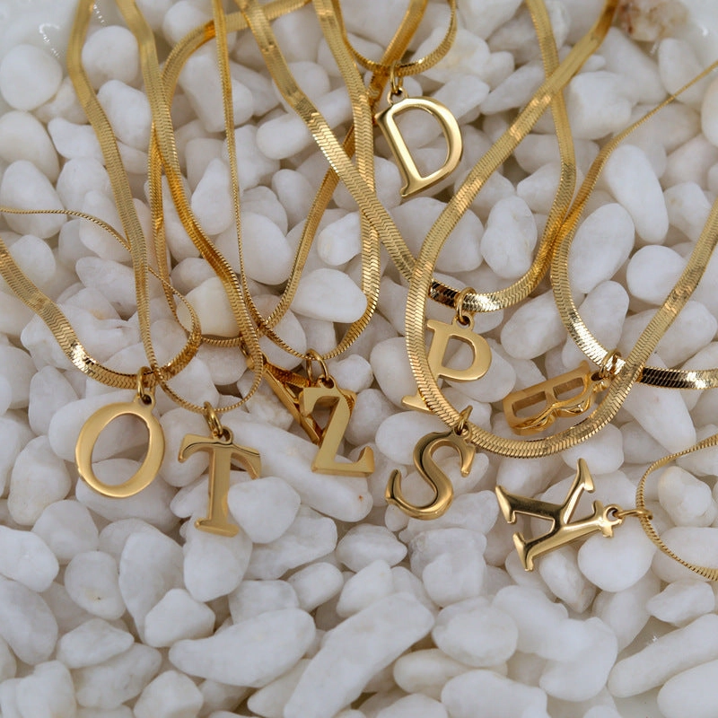 Wholesale Titanium Steel Gold Plated 26 English Letters Snake Bone Flat Necklace