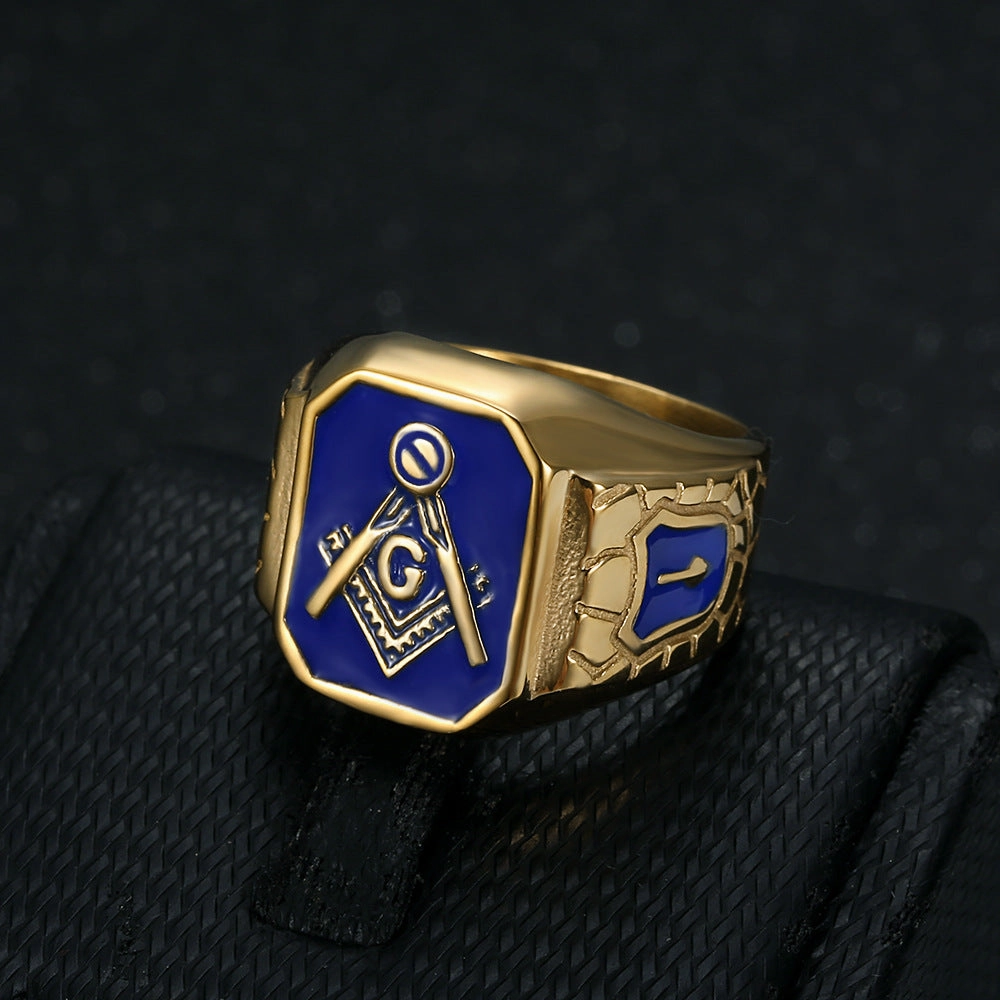 Wholesale Titanium steel gold plated blue glue Masonic hip hop style Ring